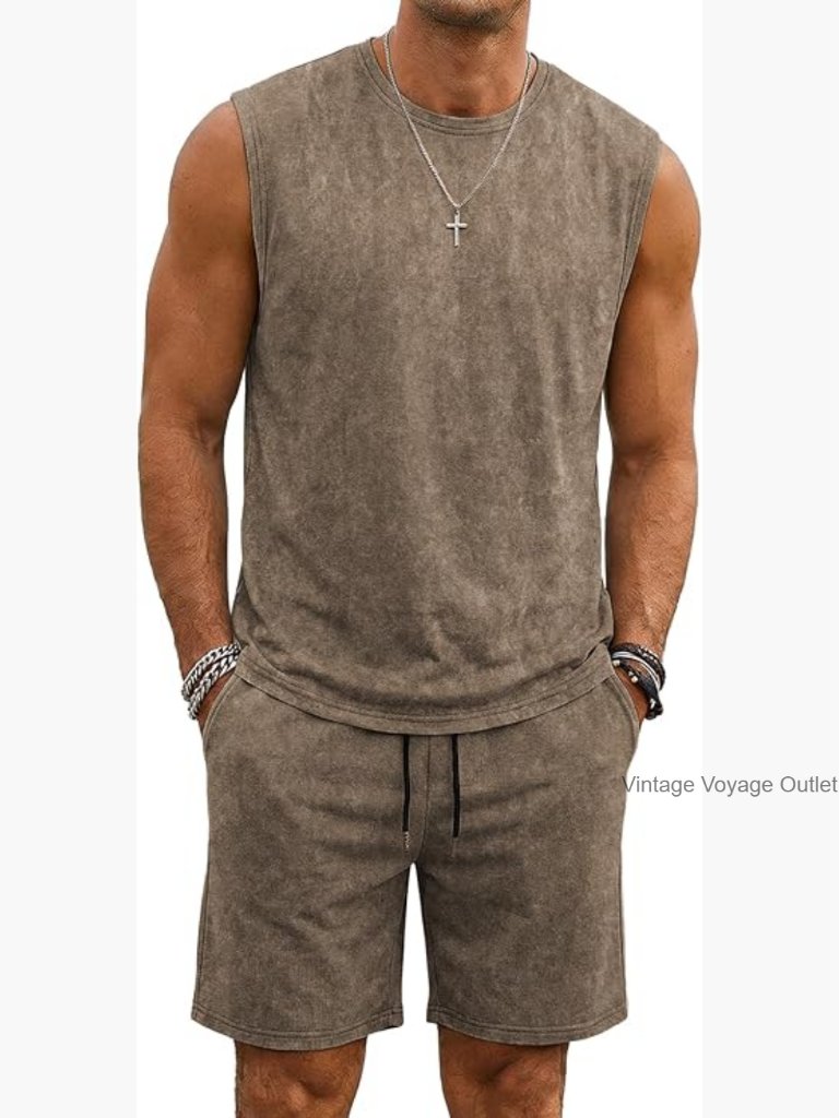 Men's Vintage Acid Wash Tank Top & Shorts Set Cotton Sleeveless Summer Outfit